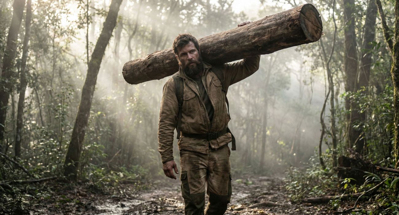 Um homem demonstrando força funcional carregando uma carga pesada em um ambiente natural.