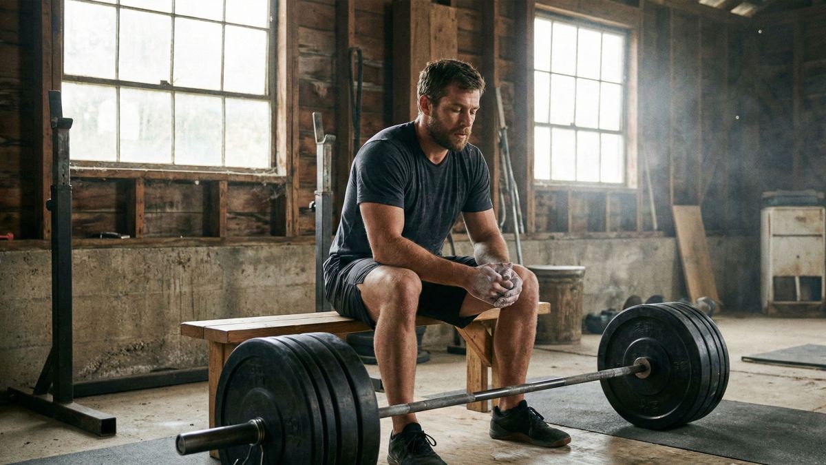 Hombre descansando entre levantamientos pesados ilustrando entrenamiento de fuerza inteligente y recuperación