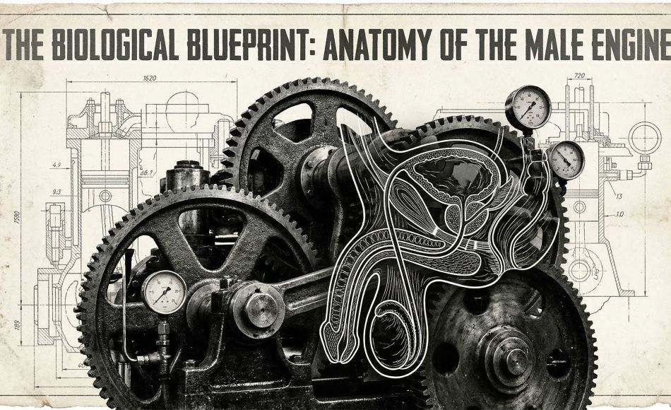 Technical blueprint style illustration of male physiological structures.