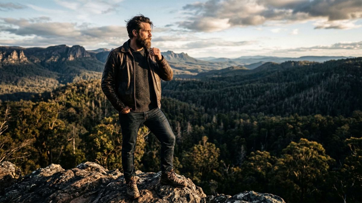 A determined man overlooking a valley, representing masculine health and generational legacy.