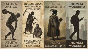 Ilustração mostrando como os ideais do corpo masculino variaram entre eras históricas, da Grécia Antiga à era moderna