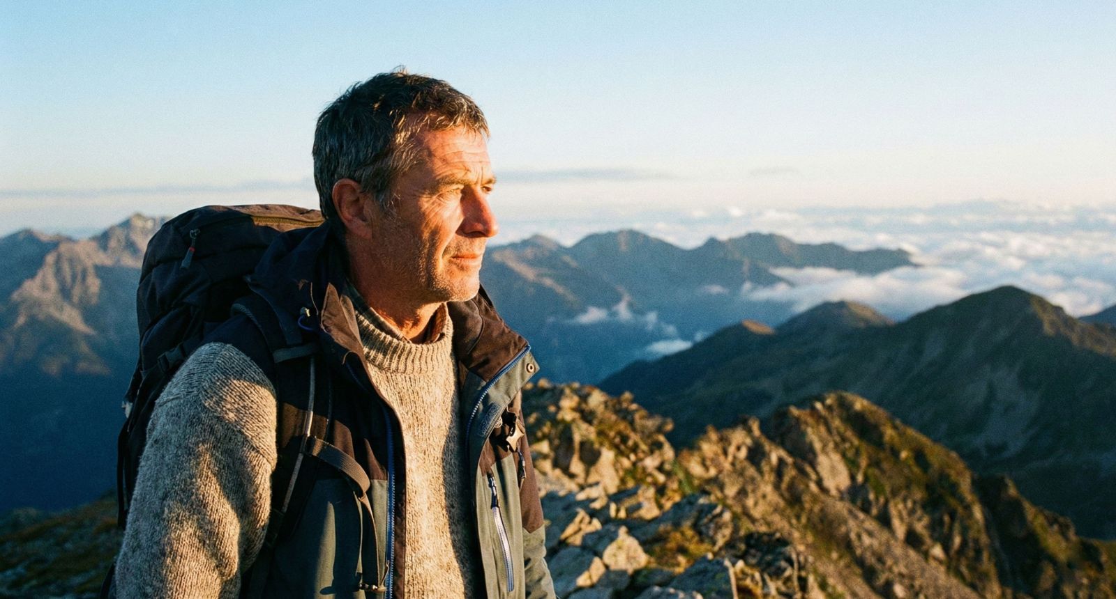Un homme fort et concentré observant l’horizon, symbolisant l’avenir de la performance et du leadership masculins.