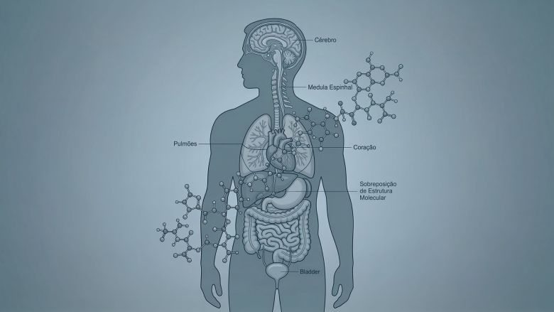 Ilustração de uma figura masculina sobreposta à estrutura molecular de microplásticos, representando a previsão de declínio dos níveis de testosterona até 2050.