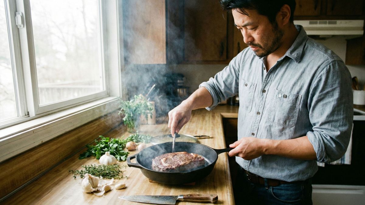高タンパクな食事を準備する男性。パフォーマンス栄養と担い手の役割を象徴。
