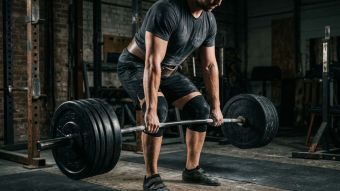 Mann führt ein schweres Langhantel-Kreuzheben mit Ganzkörperanspannung durch, was die Aktivierung des Beckenbodens und die Rumpfstabilität bei männlichen Athleten veranschaulicht.