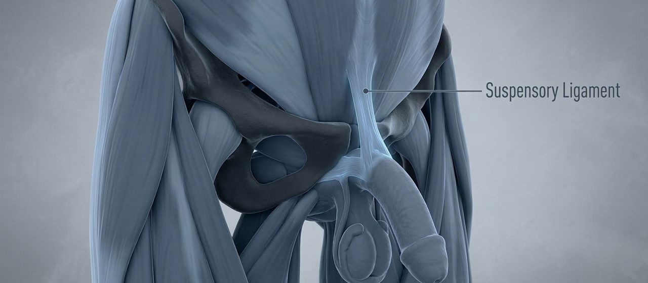 3D medical illustration of the male suspensory ligament and pubic symphysis.