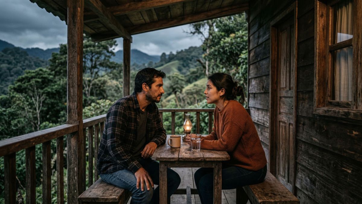 Un hombre confiado escuchando atentamente a una mujer en un entorno exterior rústico.