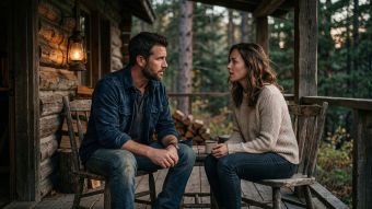 A confident man listening intently to a woman in a rustic outdoor setting.