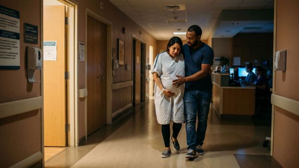 Um futuro pai caminhando com a esposa para a maternidade, emocional e sobrecarregado de amor