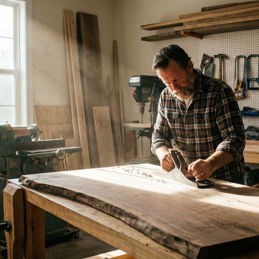 A man working on a handcrafted project in his garage to build purpose outside of work.