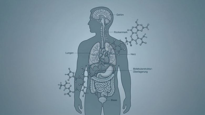 Illustration einer männlichen Figur, überlagert mit einer molekularen Struktur aus Mikroplastik, die den bis 2050 prognostizierten Testosteronrückgang darstellt.