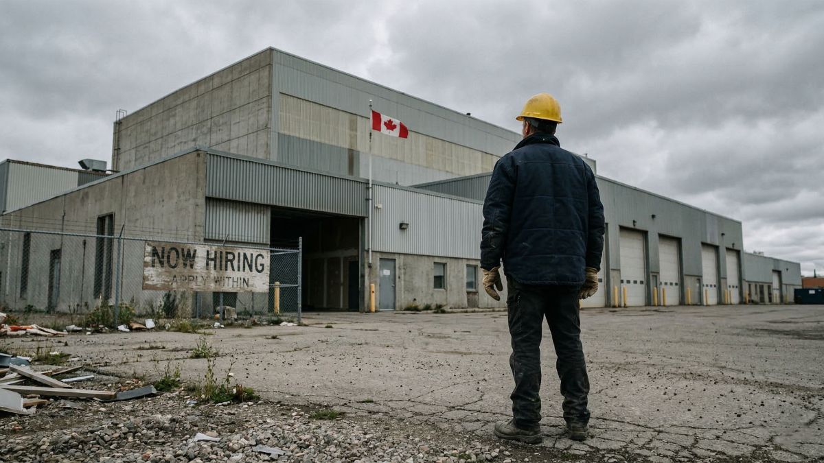 Canadian tradesman standing outside a warehouse beside a faded Now Hiring sign, representing the broken foreign worker hiring system