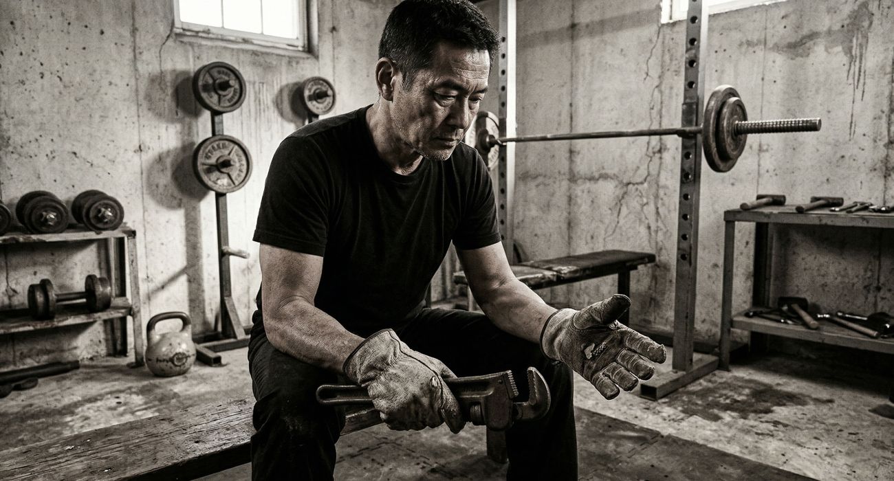荒々しい環境で機能的な強さに集中する男性。