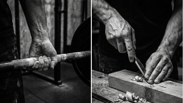 Ein Mann, der sich auf körperliche Kompetenz und Handarbeit als Form der Körperakzeptanz konzentriert.