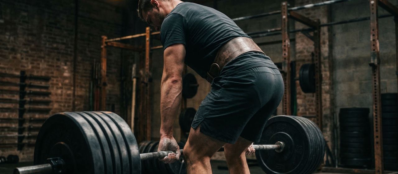 Man performing a heavy barbell deadlift with full-body brace, representing pelvic floor engagement and core stability in male athletes