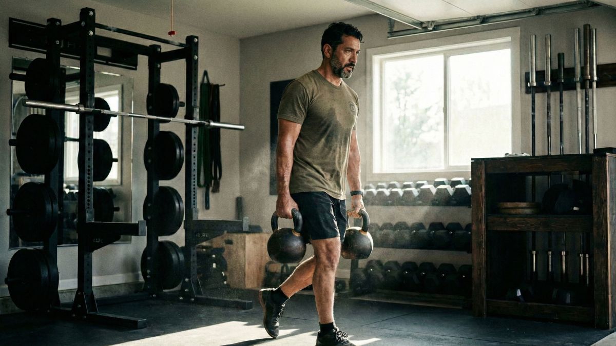Hombre fuerte realizando entrenamiento de fuerza funcional para optimizar la salud y la longevidad.