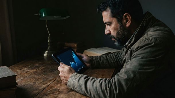 Um homem analisando criticamente as tendências de dados em um tablet digital em um escritório.
