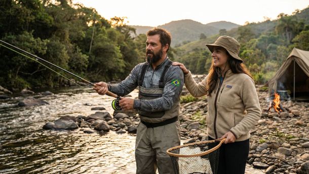 Homem e mulher vivendo uma aventura ao ar livre que simboliza compatibilidade e parceria tradicional