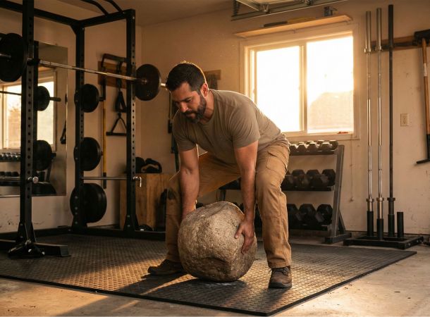 Um homem realizando um levantamento com objeto irregular para desenvolver força funcional de guerreiro.