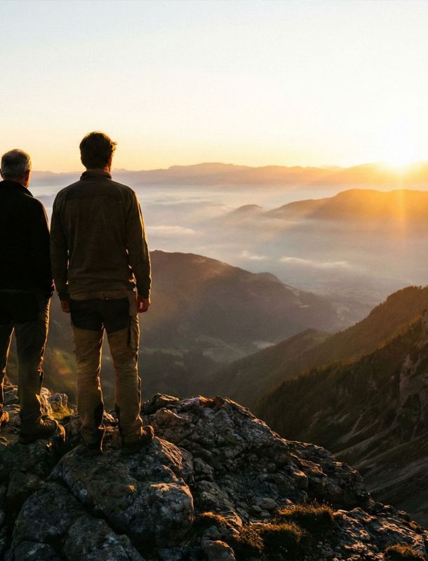 Un père et son fils observant un paysage montagneux, symbolisant la transmission et l’héritage masculin.