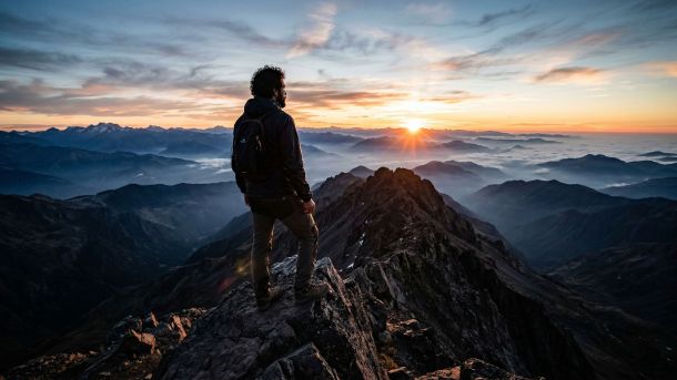 Un hombre de pie en una cima rocosa observando un amplio valle al amanecer.