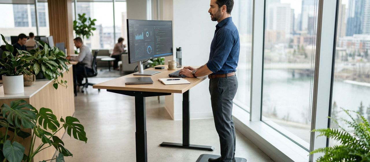 Homem usando mesa em pé para melhorar circulação e postura.