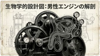 男性の生理構造を示すテクニカルブループリント風のイラスト。