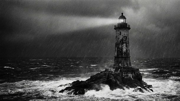Ein stabiler Steinleuchtturm, der einem Sturm trotzt und nationale Stabilität symbolisiert.