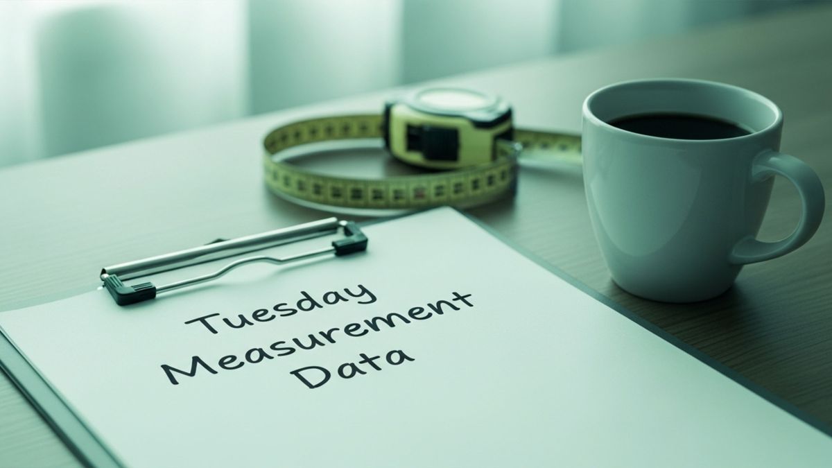 Simulierte wissenschaftliche Einrichtung mit Klemmbrett mit der Aufschrift „Dienstags-Messdaten“, Maßband und einem auf Dienstag eingekreisten Kalender.