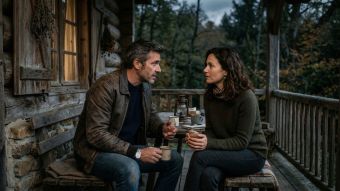 Un homme confiant écoutant attentivement une femme dans un cadre extérieur rustique.