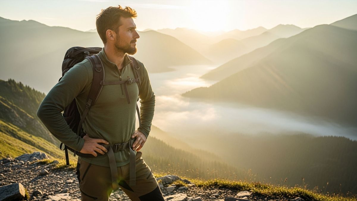 Man standing on a mountain trail at sunrise reflecting on his health and fertility
