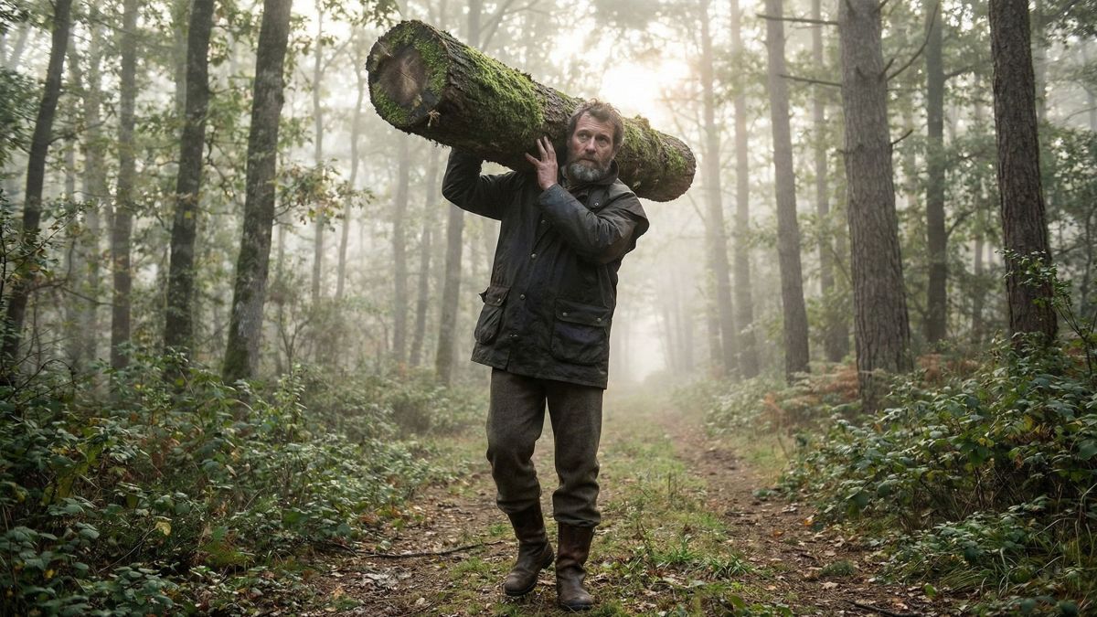 Un homme démontrant sa force fonctionnelle en portant une lourde charge en pleine nature.