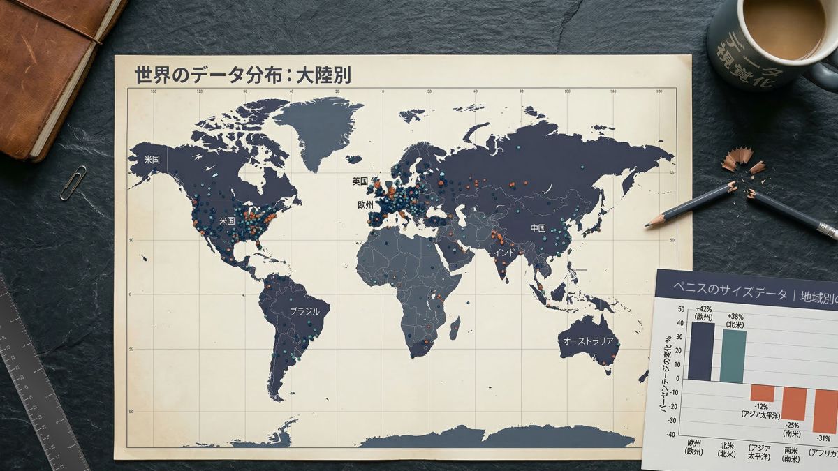 地域データポイントと分割されたメジャーテープを示す世界地図。Veale 2015陰茎サイズメタ分析における民族的・地理的データギャップを表している。