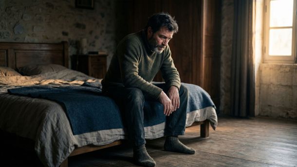 Homme assis au bord du lit à l’aube, ressentant les effets du manque de sommeil et du stress sur sa santé