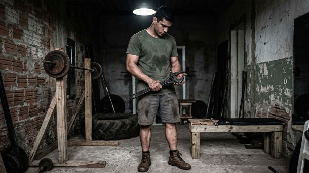 Um homem focado em força funcional em ambiente rústico.