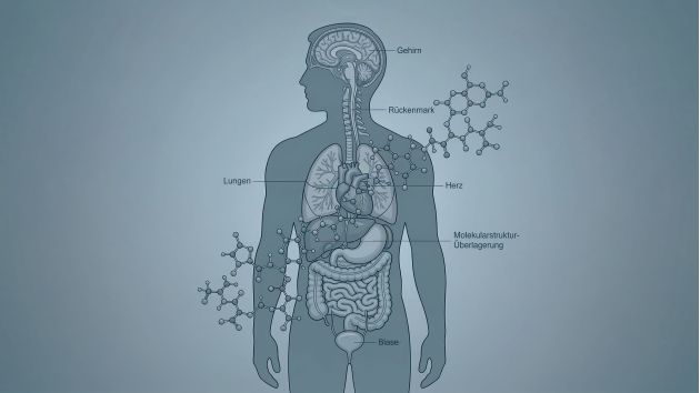 Illustration einer männlichen Figur, überlagert mit einer molekularen Struktur aus Mikroplastik, die den bis 2050 prognostizierten Testosteronrückgang darstellt.