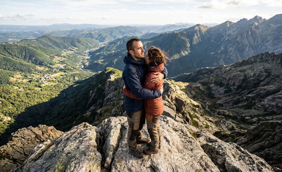 Un homme et une femme sur un sommet rocheux, symbolisant un partenariat malgré des perspectives différentes.
