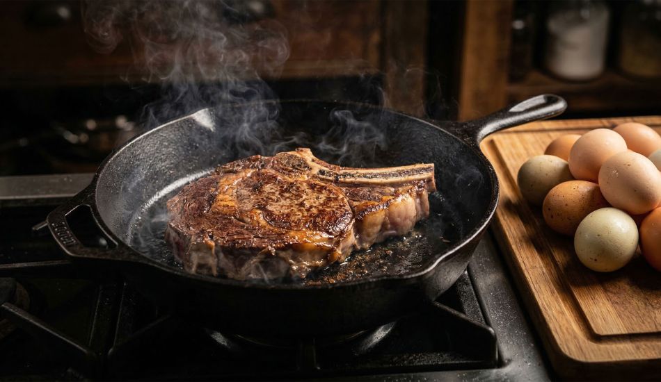 Um steak selado em frigideira de ferro fundido representando nutrição masculina ancestral.