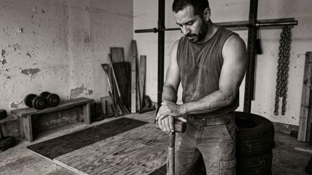 Un hombre enfocado en fuerza funcional en un entorno rudo.