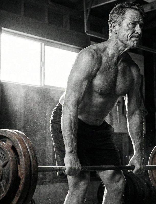 Homme mûr effectuant un soulevé de terre lourd pour maintenir la masse musculaire et la densité osseuse.