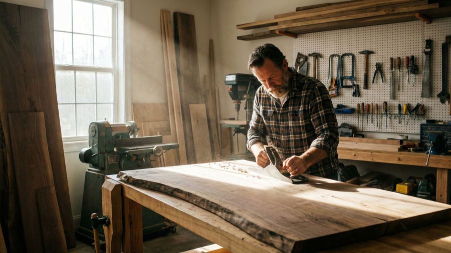 A man working on a handcrafted project in his garage to build purpose outside of work.