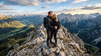 Ein Mann und eine Frau auf einem felsigen Gipfel als Symbol für Partnerschaft trotz unterschiedlicher Perspektiven.