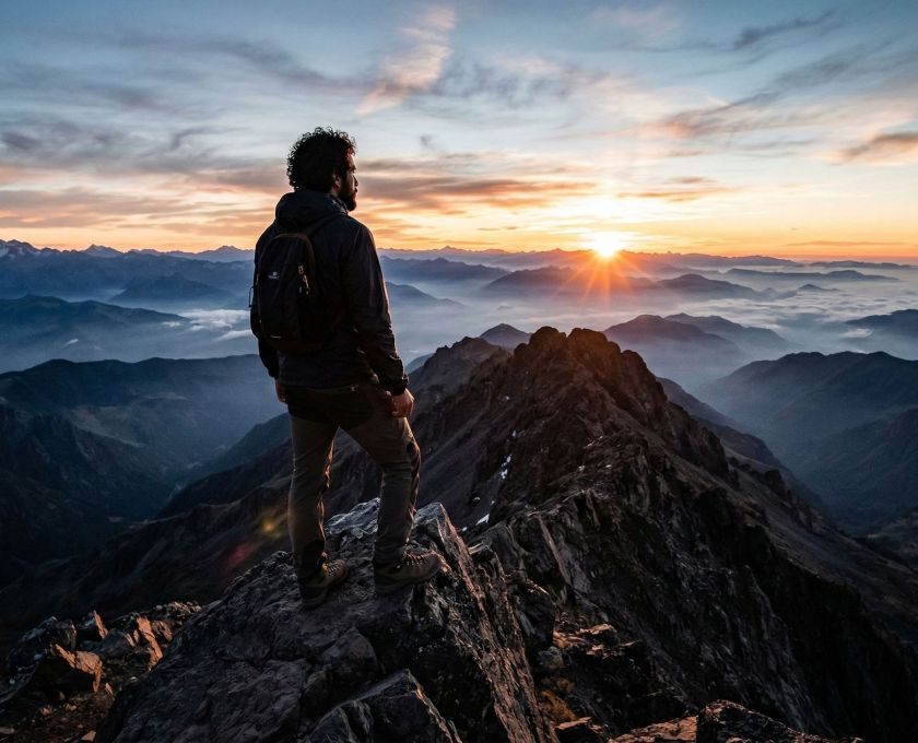 Un hombre de pie en una cima rocosa observando un amplio valle al amanecer.