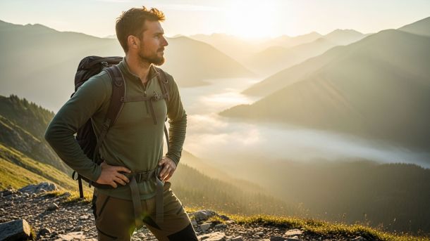 Homme debout sur un sentier de montagne au lever du soleil, réfléchissant à sa santé et à sa fertilité