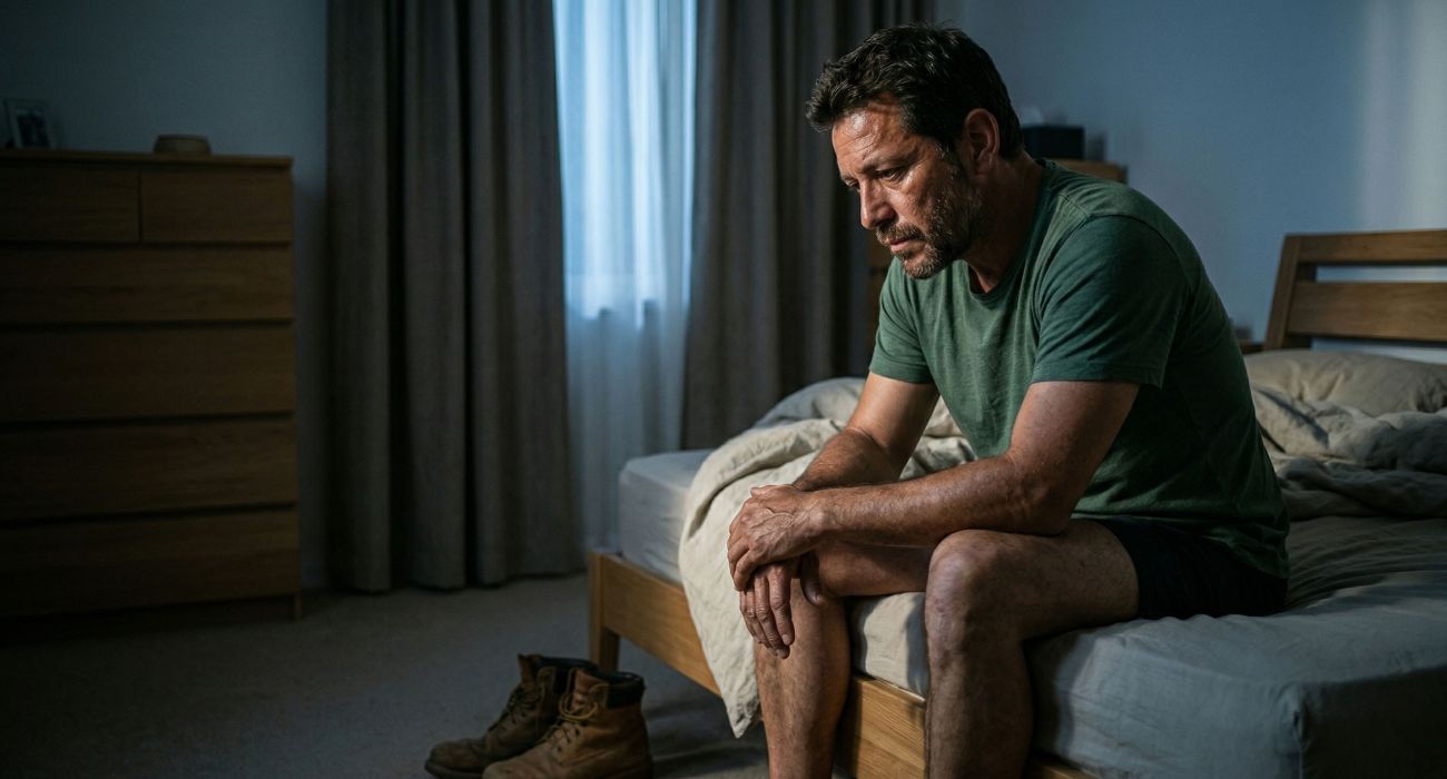 Hombre sentado al borde de la cama al amanecer, afectado por el estrés y la falta de sueño