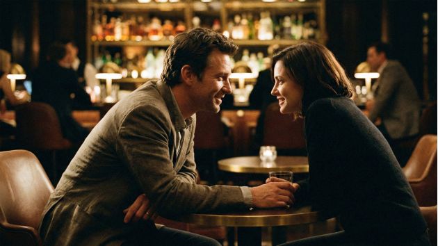 Un homme et une femme engagés dans une conversation dans un bar montrant un langage corporel positif.