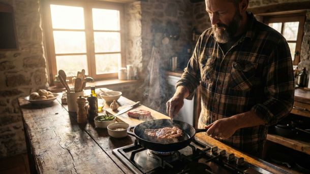 Ein Mann bereitet eine proteinreiche Mahlzeit zu – Sinnbild für Leistungsnutrition und die Rolle des Versorgers.