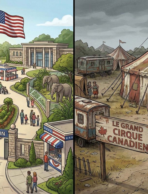 Illustration montrant le zoo politique américain moderne et le cirque politique canadien délabré.