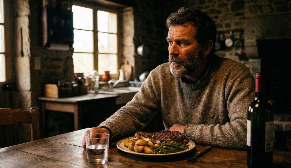 Un homme robuste assis à une table en bois savourant un repas traditionnel et copieux.