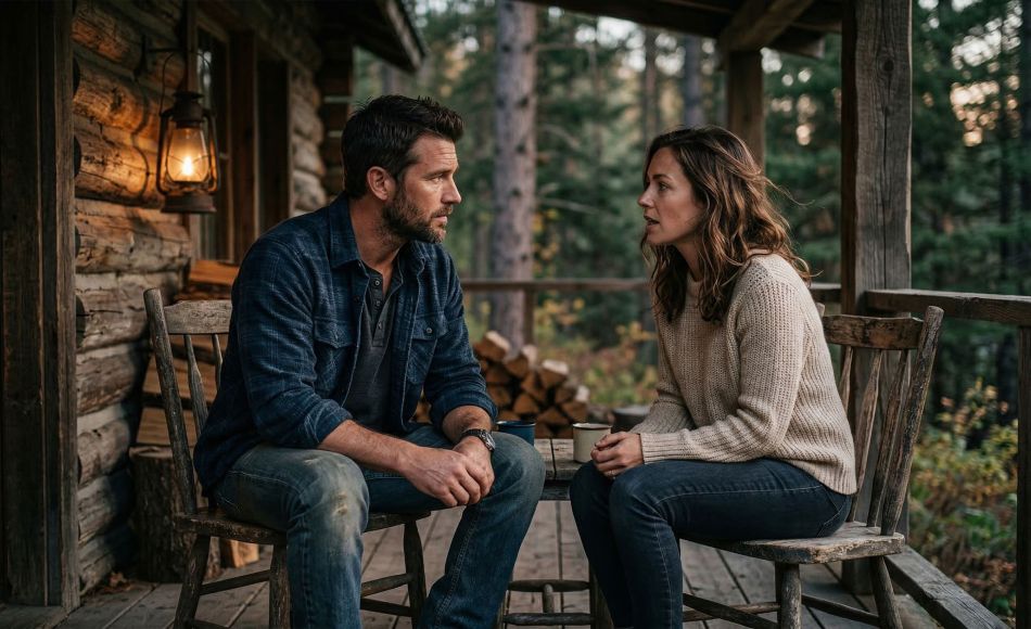 A confident man listening intently to a woman in a rustic outdoor setting.